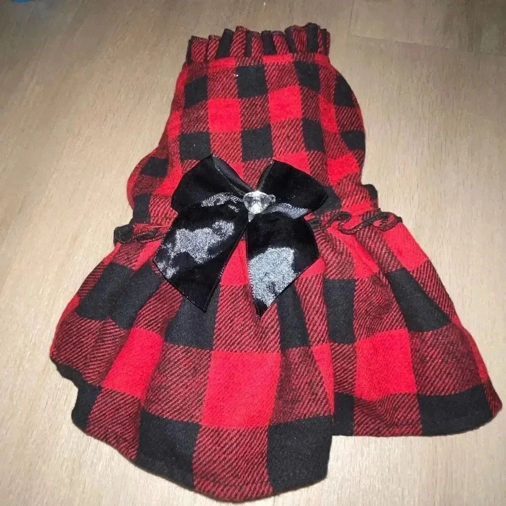 HOLIDAY DOG DRESS BUFFALO PLAID RUFFLE HEM  W BIG BOW & GEMSTONE FOR SMALL DOG